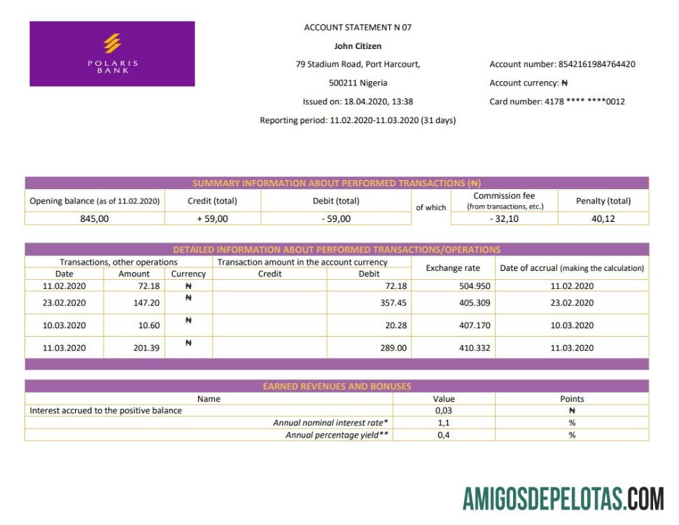 Nigeria Polaris extrato bancário amostra